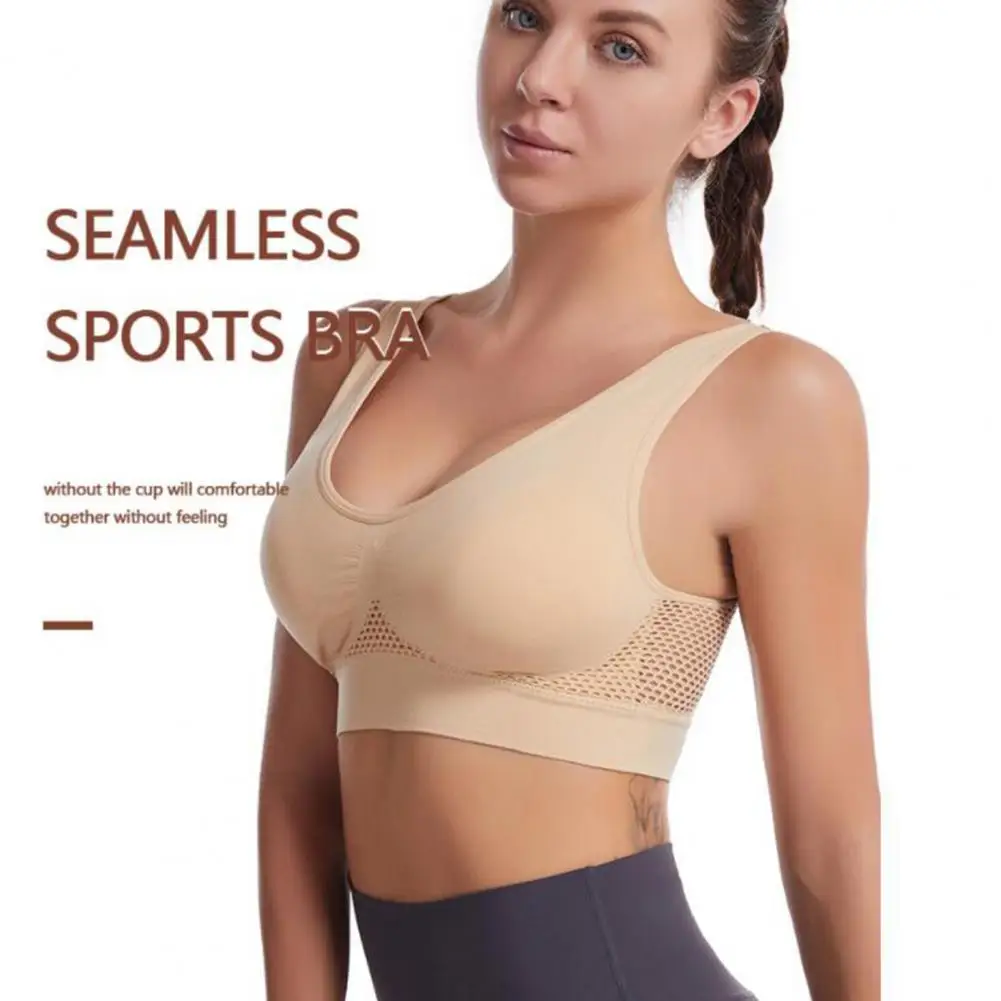 

Women Sports Bra U-Neck Wide Shoulder Strap High Elasticity Shockproof Yoga Bra Hollow Mesh Back Gym Vest Bra For Jogging