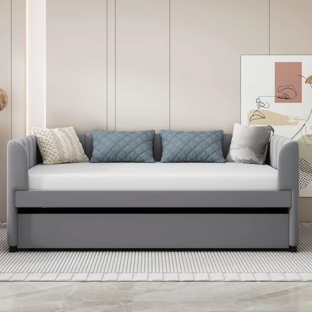Twin Size Velvet Upholstered Daybed with Ergonomic Design Backrest and Trundle,Wood Platform Bed w/Stripe Shaped Headboard,for B Twin Size Velvet Upholstered Daybed with Ergonomic Design Backrest and Trundle,Wood Platform Bed w/Stripe Shaped Headboard,for B