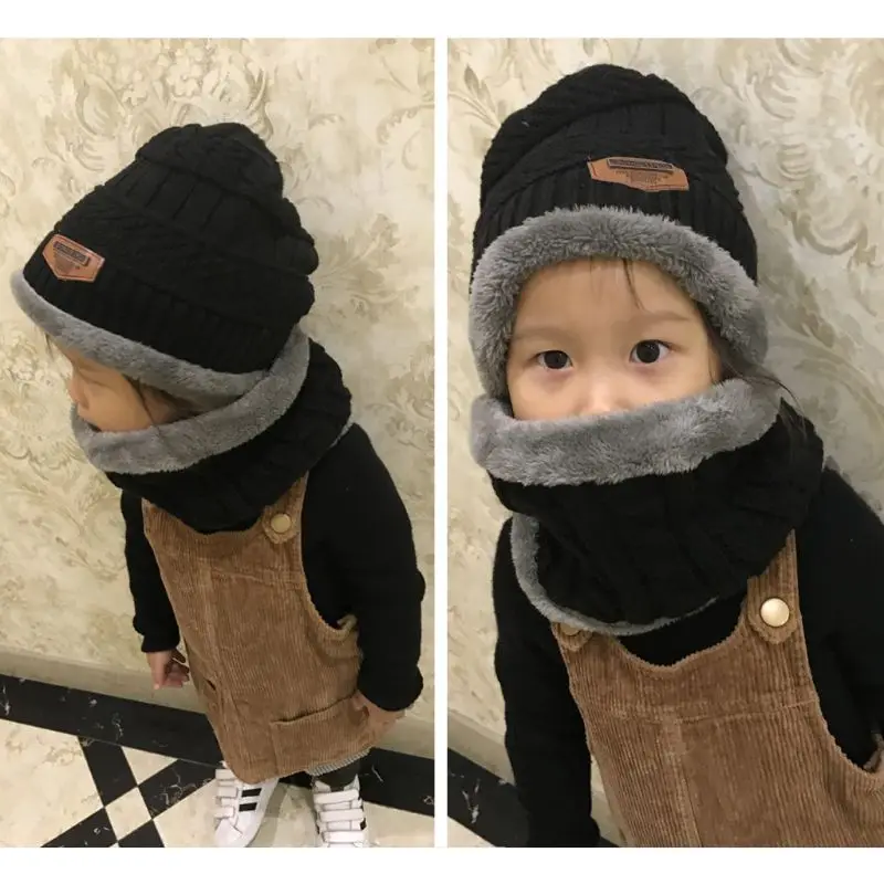 

Новая зимняя вязаная шапка детская Утепленная зимняя шапка с шарфом брендовая зимняя Лыжная шерстяная детская