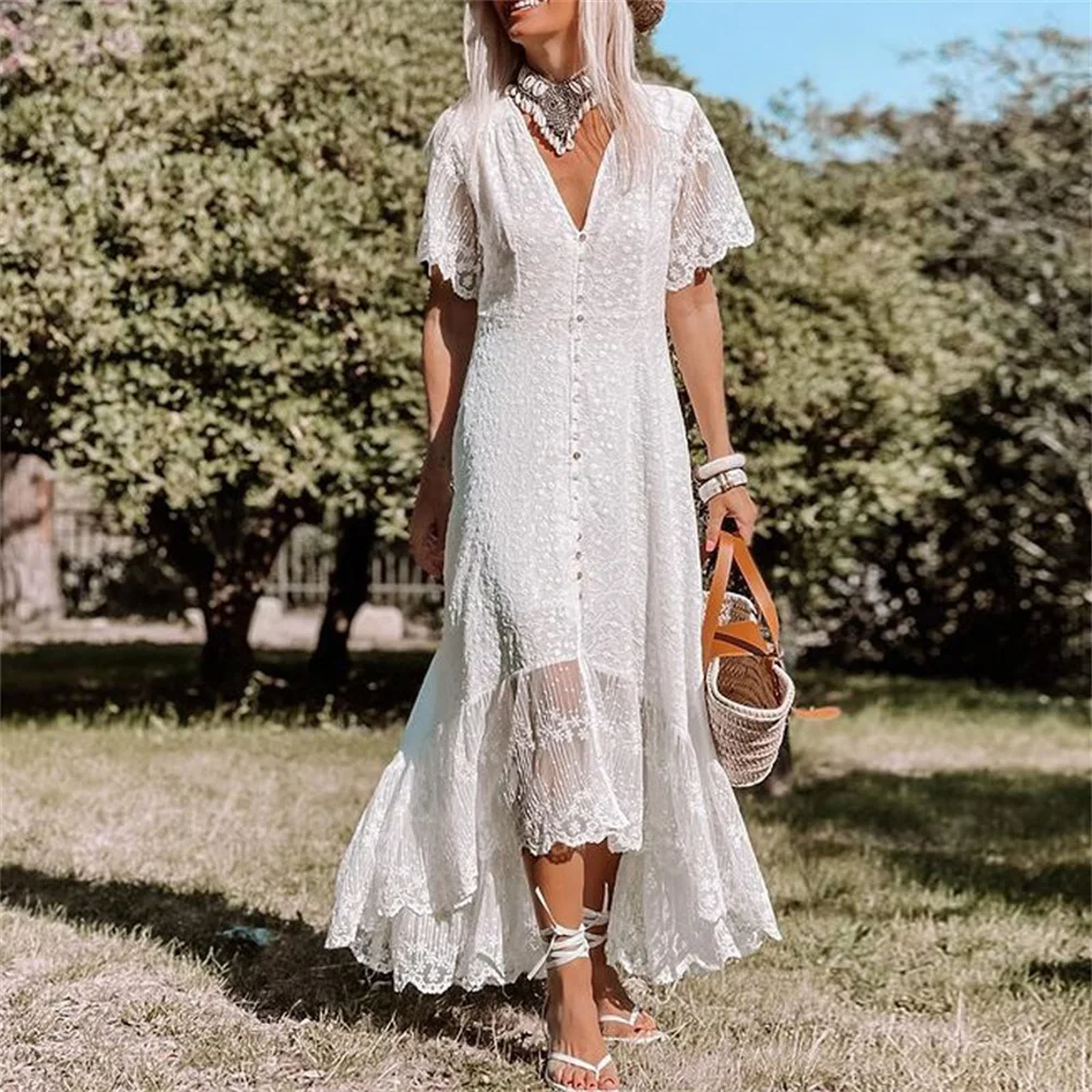 White Women Long Lace Dress 2023 New in Floral V-neck Short Sleeve Slim Bohemian Dress Chic Ladies Beach Boho Sundress Vestidos
White Women Long Lace Dress 2023 New in Floral V-neck Short Sleeve Slim Bohemian Dress Chic Ladies Beach Boho Sundress Vestidos