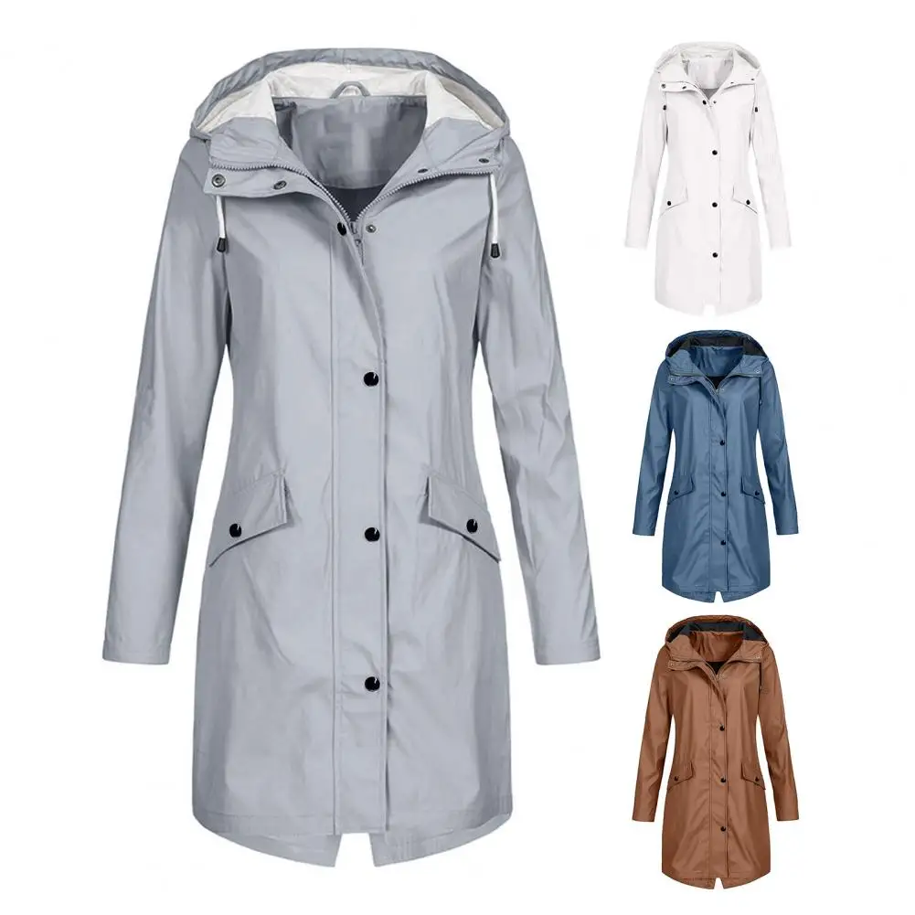Solid Color Rain Jacket Stylish Women's Windproof Rain Jacket with Hood Long Sleeve Multiple Pockets for Autumn Winter 
Solid Color Rain Jacket Stylish Women's Windproof Rain Jacket with Hood Long Sleeve Multiple Pockets for Autumn Winter