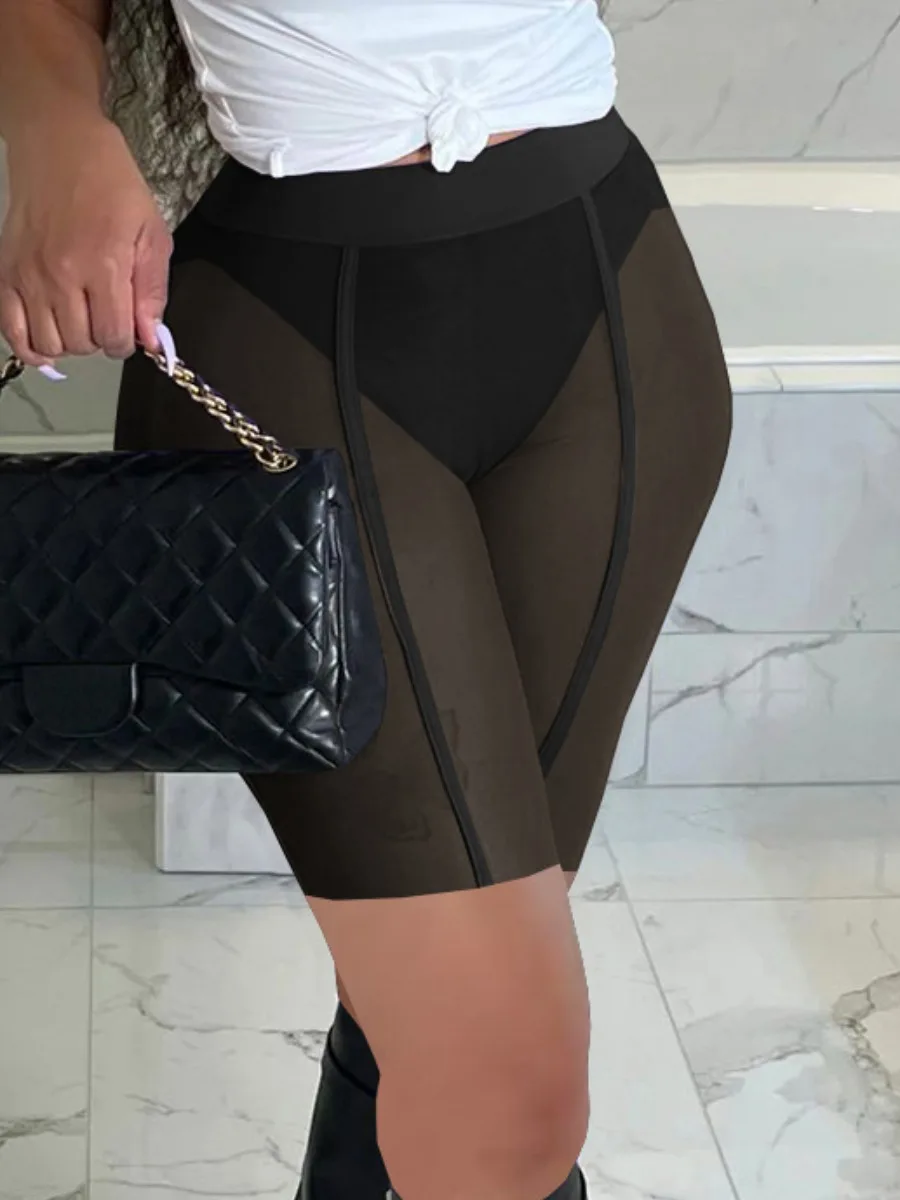 

LW SXY See-through Skinny Stretchy Shorts Women Mesh Nightclub Wears Basic Sheath Pants With Underwears High Waist Tight Bottoms