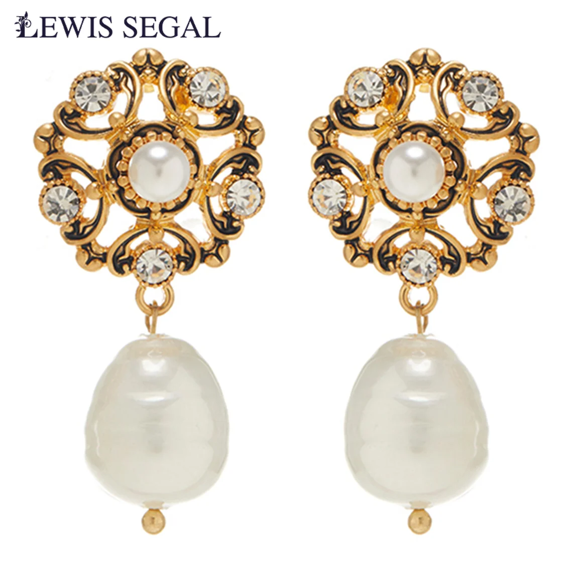 

LEWIS SEGAL Vintage Hollow Petal Pearl Drop Stud Earrings for Women Medieval Style Fine Jewelry Rhinestone 18K Gold Plated