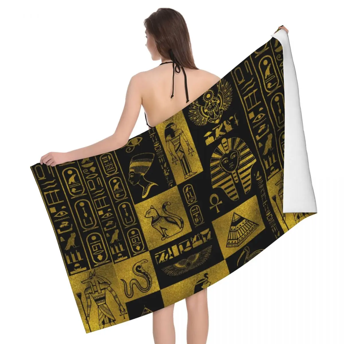 

Египетское золото, хироглифы и символы, коллаж, пляжное полотенце, быстросохнущее, Египетский хироглиф, мягкие льняные полотенца для ванной комнаты