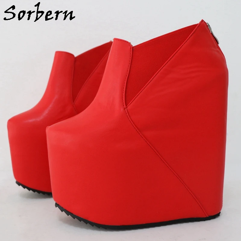 

Sorbern Customized 20Cm Red Matte Boots Women Ankle High Wedge Heels Rear Zipper Streched Band Open Invisible Platform 10Cm