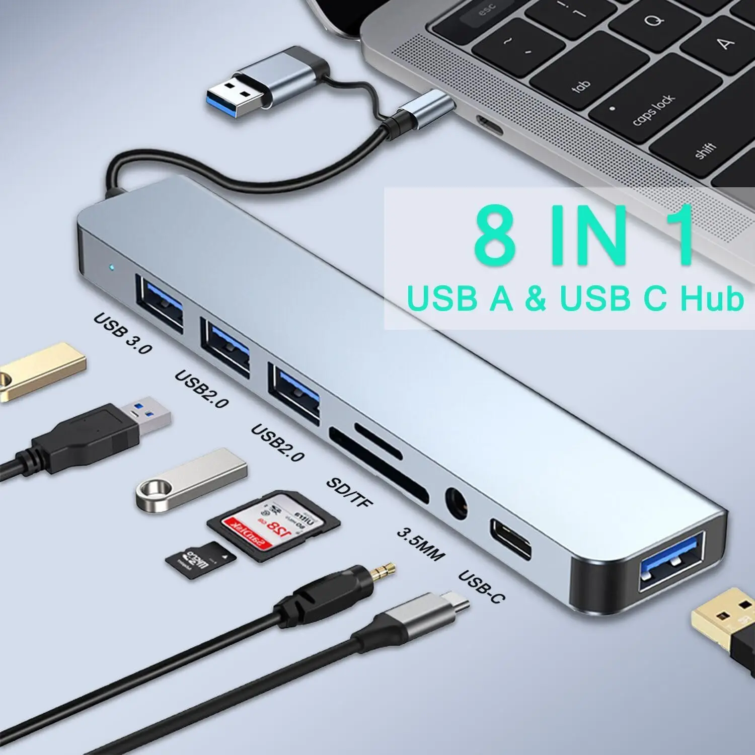 8 in 1 USB HUB with 1 x USB 3.0 3 x USB 2.0 and 1 x USB C SD/TF Card Reader 3.5mm Aux Ports for MacBook Pro Air PC Laptop Tablet
8 in 1 USB HUB with 1 x USB 3.0 3 x USB 2.0 and 1 x USB C SD/TF Card Reader 3.5mm Aux Ports for MacBook Pro Air PC Laptop Tablet