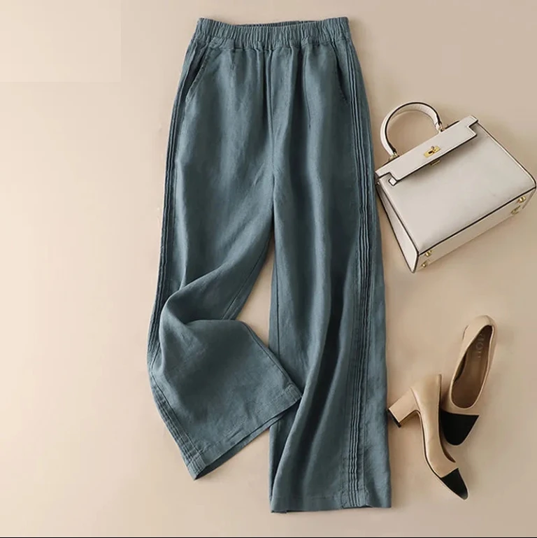 

Draping Cotton And Linen Wide Leg Capris 2023 Spring/summer Loose Fitting High Waisted Thin Straight Casual Pants For Women