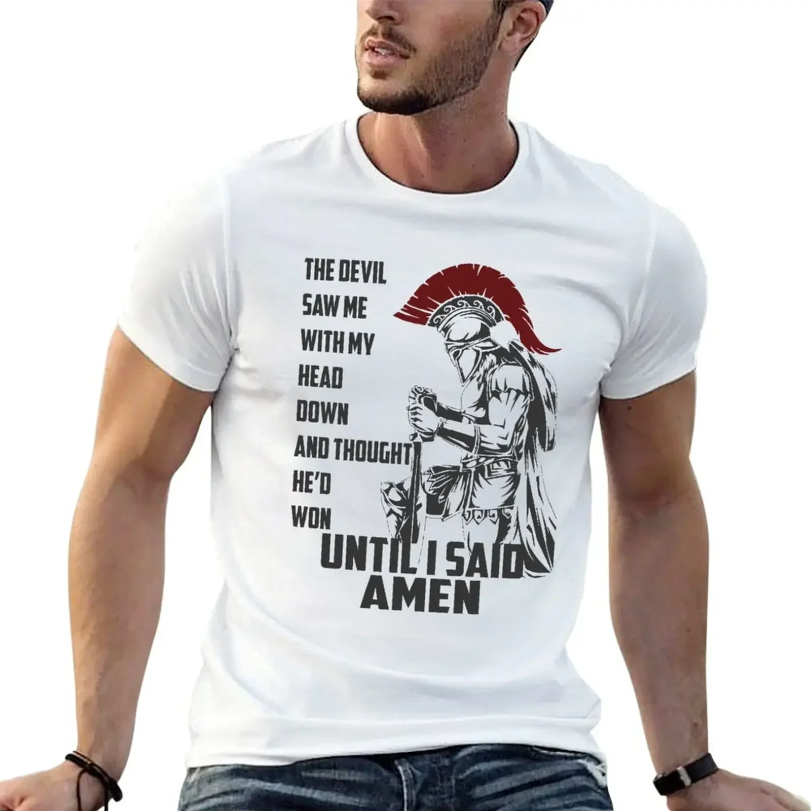 

The devil saw me with my head down and thought he'd won until i said amen T-shirt Short sleeve tee blanks Men's clothing