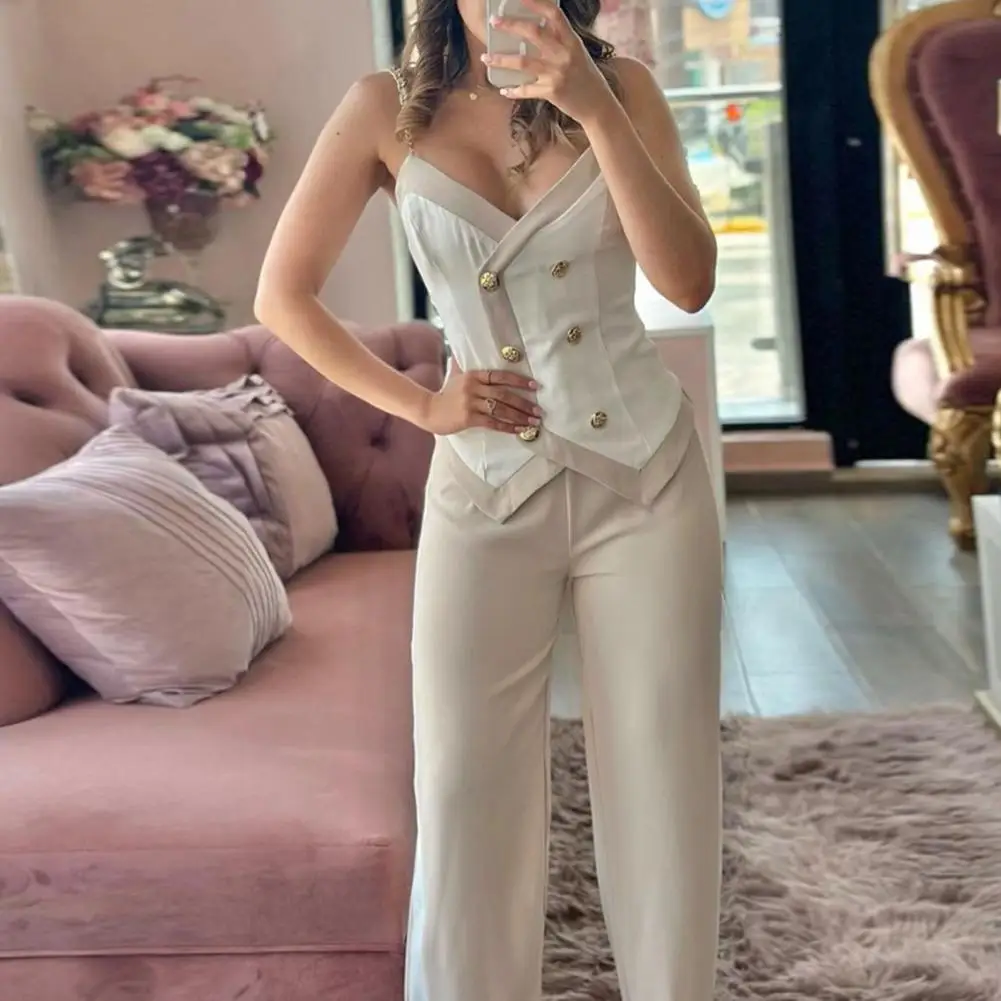 Women Slim Fit Suit Chic Women's Top High Waist Pants Set with Chain Shoulder Strap V-neck Backless Design Elegant Ol Commute
Women Slim Fit Suit Chic Women's Top High Waist Pants Set with Chain Shoulder Strap V-neck Backless Design Elegant Ol Commute