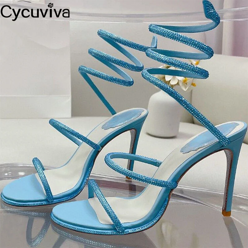 

Cycuviva Women Snake Shape Circle High Heel Party Shoes Sexy Open Toe Runway Stilettos Crystal Narrow Band Gladiator Sandals
