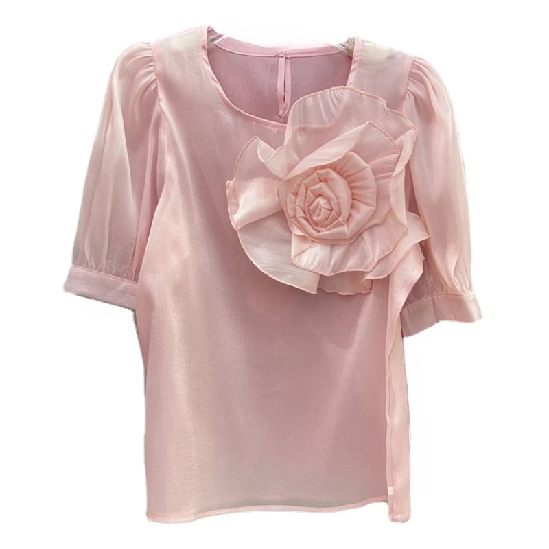 

Women's Three-Dimensional Flower Ruffled Stitching Shirt 2024 Summer New Chic High Sense Puff Short Sleeve Blouse Top