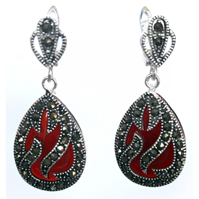 

hot sell new - 11/2"; Genuine 925 Silver & Marcasite inlay red coral Waterdrop Earrings
