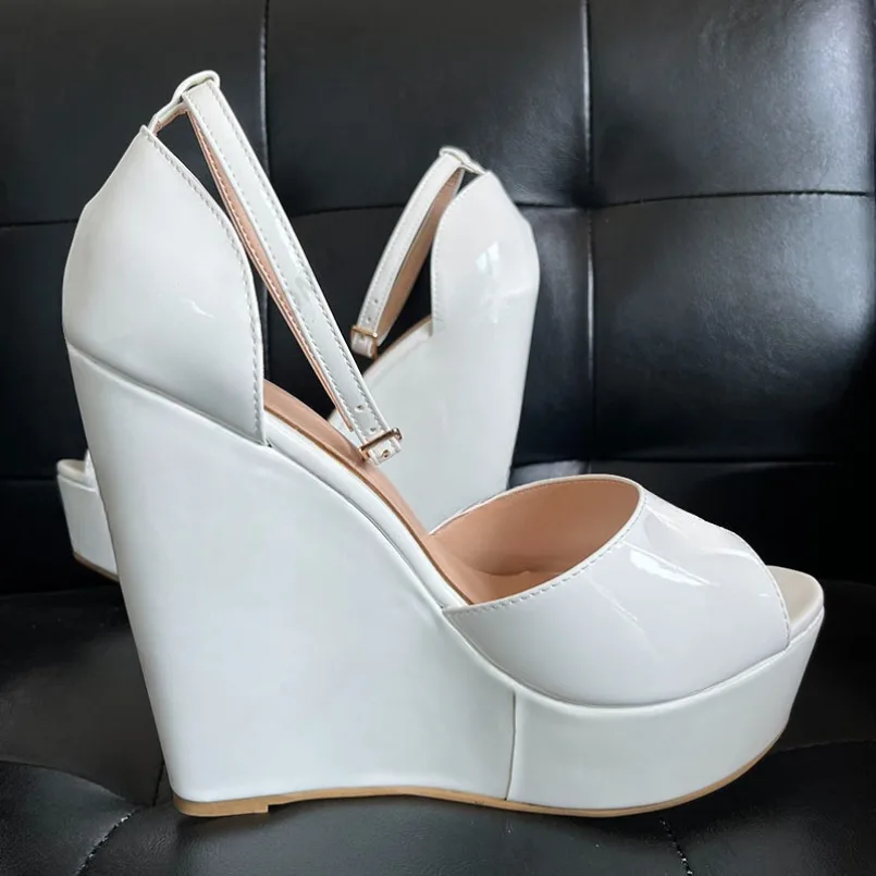 

2024 Hot Selling Women Platform Sandals Ankle Strap Wedges Heels Peep Toe Pretty White Party Shoes Ladies Plus US Size 5-15