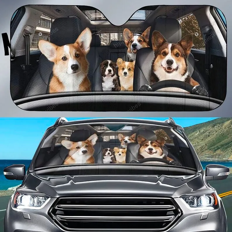 

Corgi Dog Family Drive Car Windshield Sunshade For Dogs Lover Windshield Sunshade Oxford Cloth