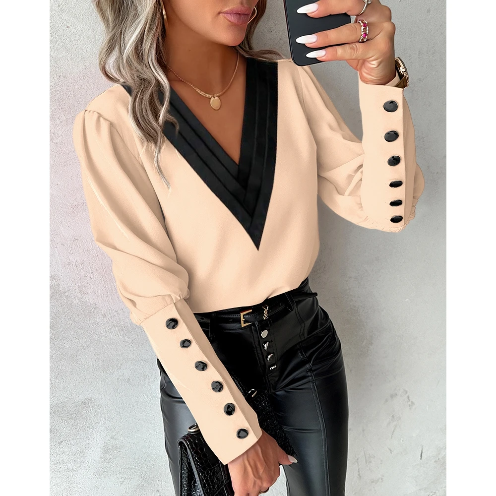 

2024 Women Contrast Paneled V Neck Buttoned Long Sleeve Blouse Spring Fashion Femme Casual Gigot Sleeve T Shirts Streetwear