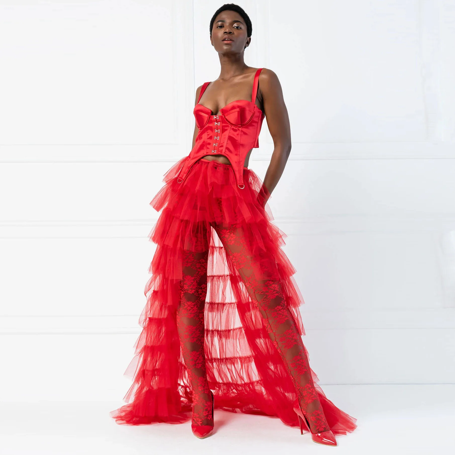 

Fashion Red Overlay Wedding Skirt Tiered Tulle See Thru Long Detachable Skirt Over Wrap Tulle Prom Overskirts Custom Made Cheap