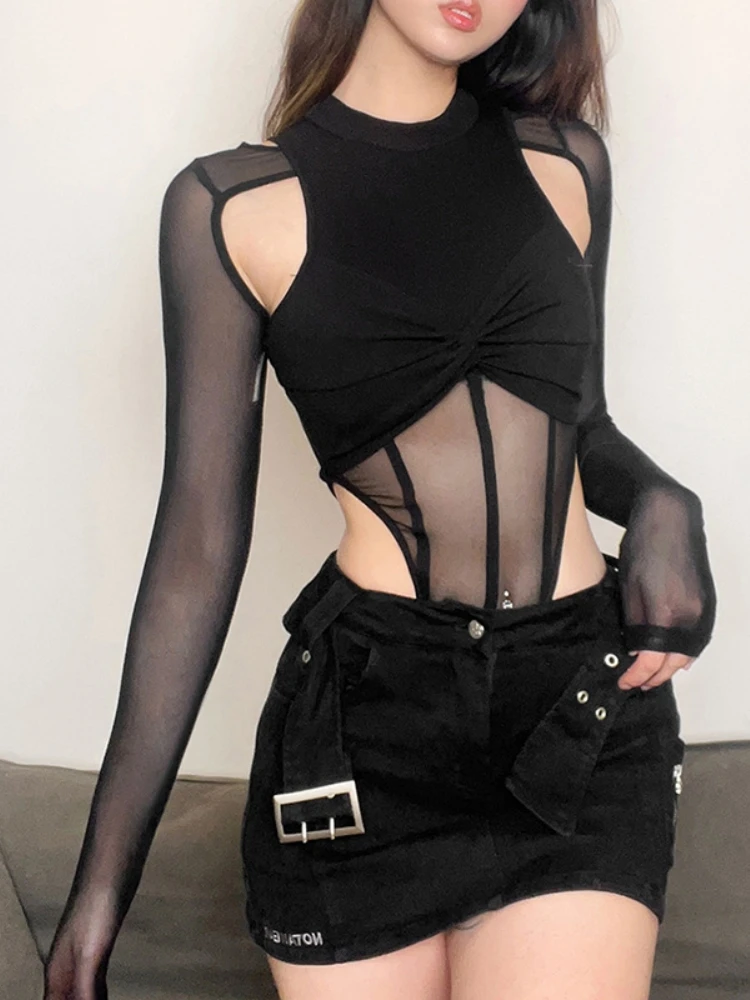 

Black Lace Bodysuit See Through Lingerie Sexy Body Feminino Hollow Out One-Pieces Corset Top Women Y2k Clothes Long Sleeve