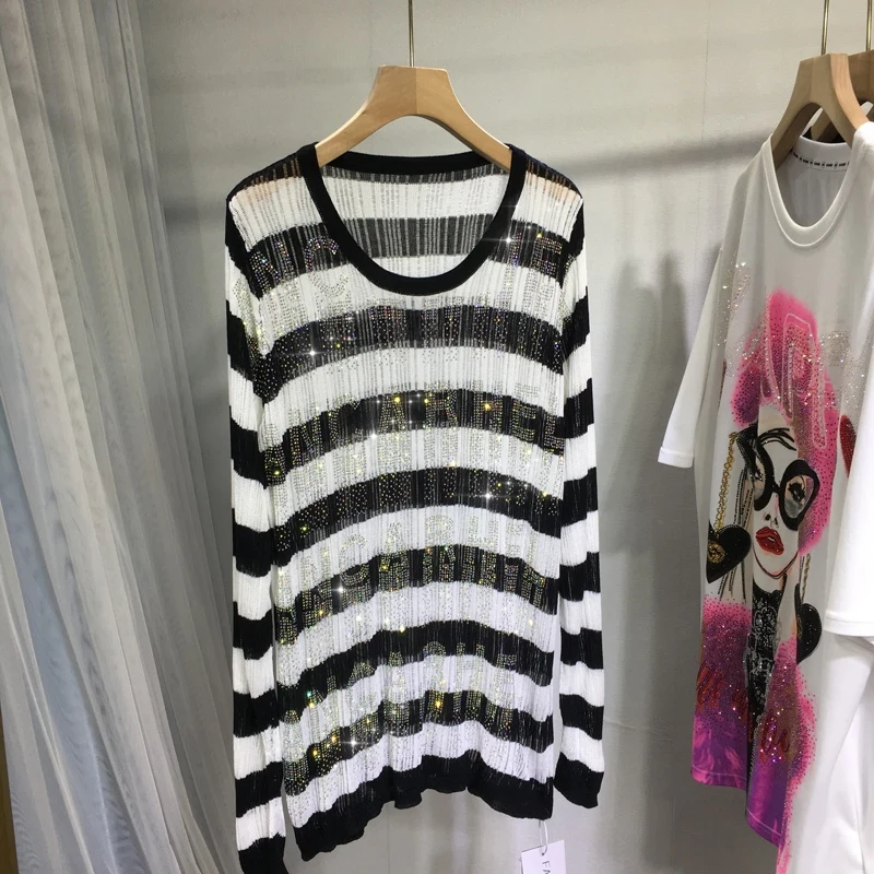 

Blingbling Hot Drilling Women Sunscreen Shirt New Summer Loose Mid-long Knitted Top Colorblock Stripes Ventilate Thin Sweaters