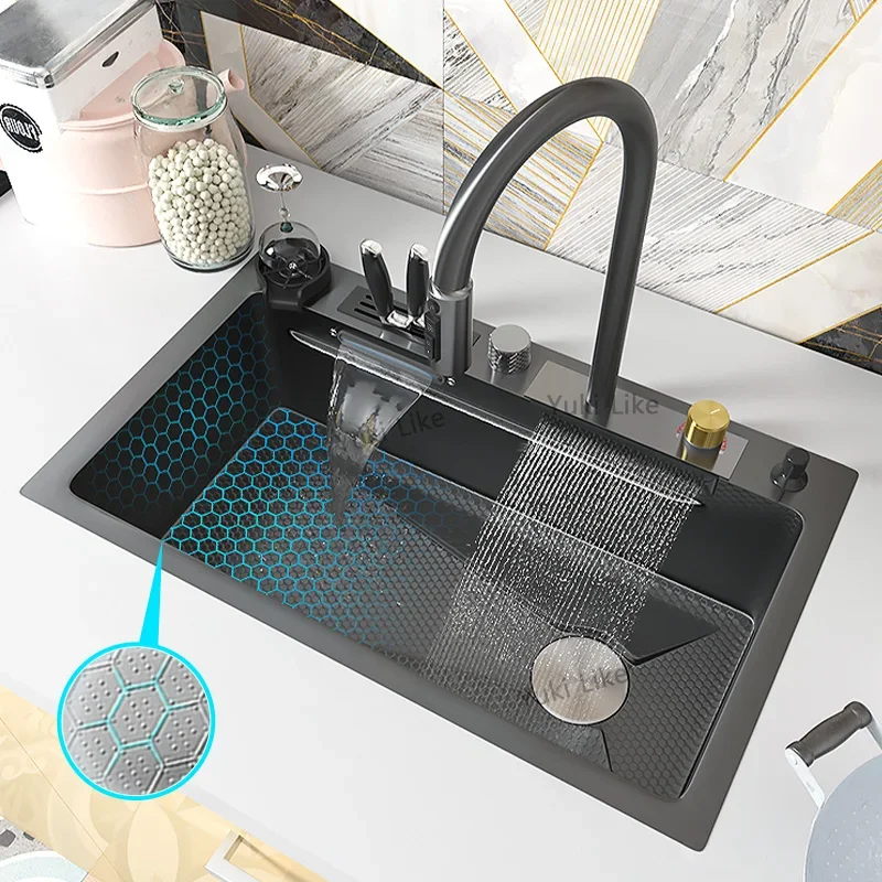 Waterfall Sink Kitchen Sink Stainless Steel Embossed Large Single Slot Wash Basin with Waterfall Faucet Washing Pond
Waterfall Sink Kitchen Sink Stainless Steel Embossed Large Single Slot Wash Basin with Waterfall Faucet Washing Pond