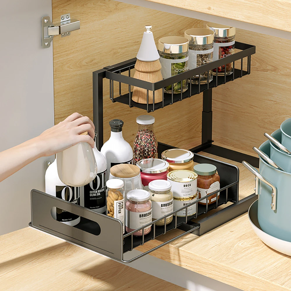 

Органайзер для хранения под раковину, 2-уровневый ящик, корзина для шкафа, кухонные инструменты, стойка для всякой всячины, органайзеры для ванной комнаты под раковиной