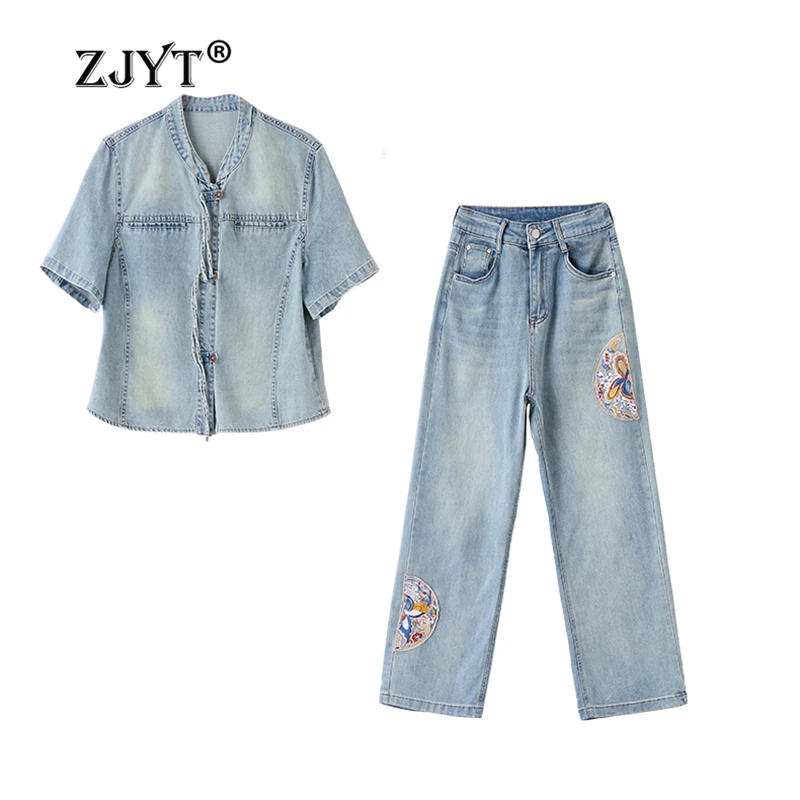 Модная Джинсовая блузка и брюки ZJYT в стиле High Street с коротким рукавом, комплект из 2 предметов, женский летний повседневный наряд, синий джинсовый костюм
Модная Джинсовая блузка и брюки ZJYT в стиле High Street с коротким рукавом, комплект из 2 предметов, женский летний повседневный наряд, синий джинсовый костюм