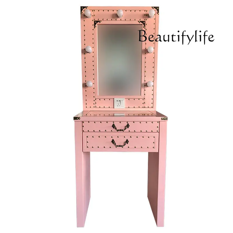 

Solid Wood Retro Bedroom Dressing Table with Light Simple Small Apartment Dresser Makeup Point Small Makeup Table Assembly