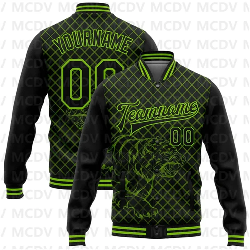 Custom Black Neon Green Check And Tiger 3D Pattern Design Bomber Full-Snap Varsity Letterman Jacket
Custom Black Neon Green Check And Tiger 3D Pattern Design Bomber Full-Snap Varsity Letterman Jacket