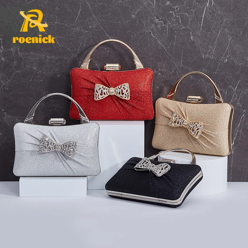 

ROENICK Women Sparkling Bow Evening Bags Banquet Wedding Party Chain Shoulder Crossbody Red Handbags Purses Crystal Day Clutch