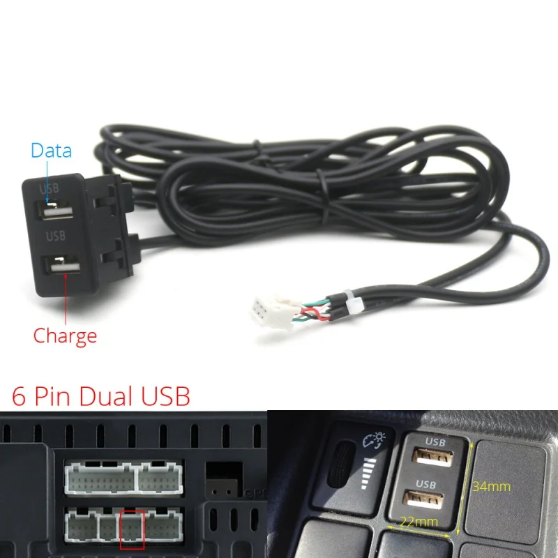 

Car Dash Flush Mount 4 6Pin Dual USB Port Switch Panel 3.5mm AUX RCA Interface Cable Adapter for Toyota VW Android Multimedia