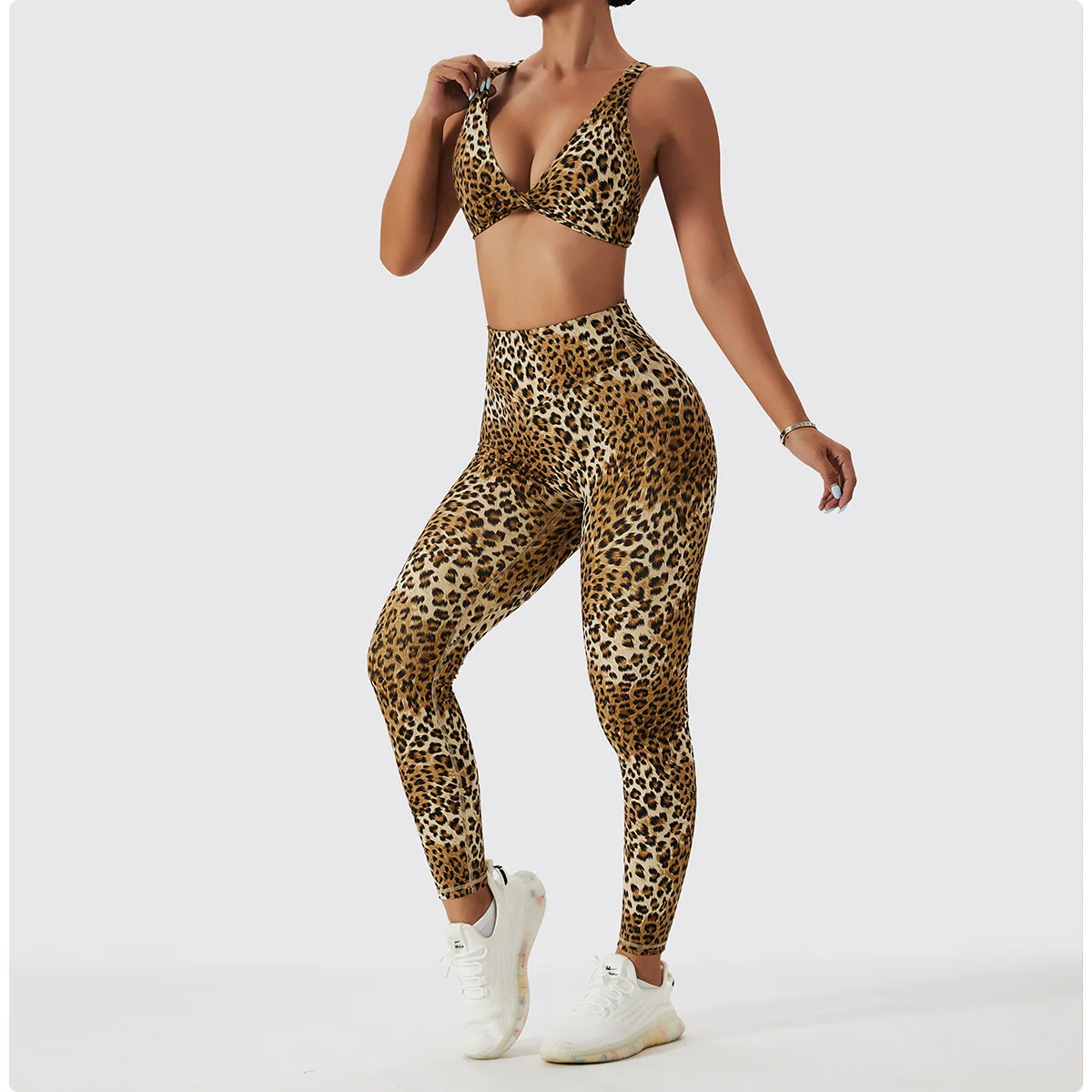 

New Women Leopard Seamless Leggings Bras Shorts Sets Fitness High Waist Scrunch Yoga Pants Nylon Workout Elastic Gym Leggins