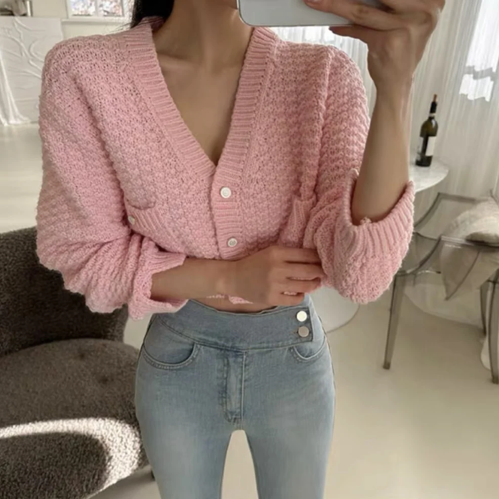 

Autumn New Pocket Korean Sweater Women's Sweetheart Style Collar Small V-Neck Casual Short Knitted Cardigan Coat