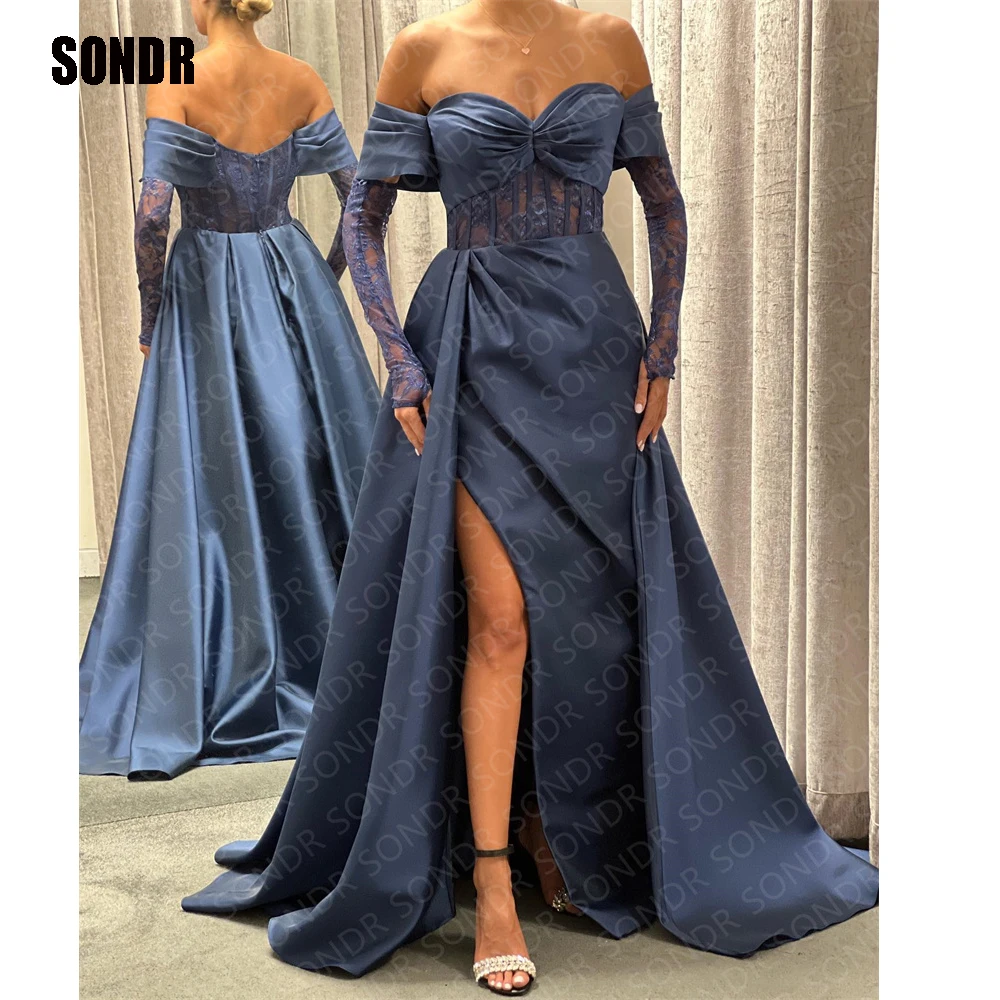 

SONDR Navy Blue Lace Satin Prom Party Dresses Slit Full Sleeves Evening Gowns A Line Formal Occasion Dress Vestidos De Noche