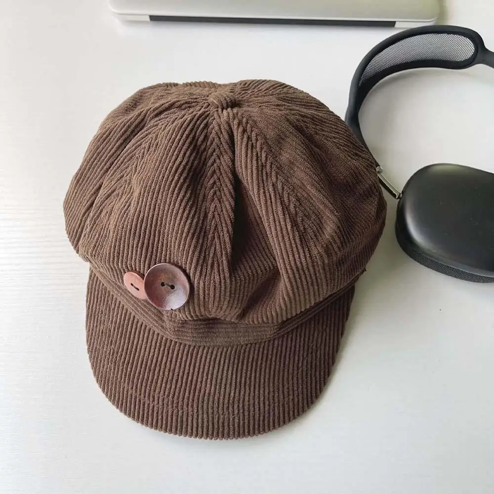 Women’s corduroy baseball cap – brown retro peaked hat with button detail for autumn and winter