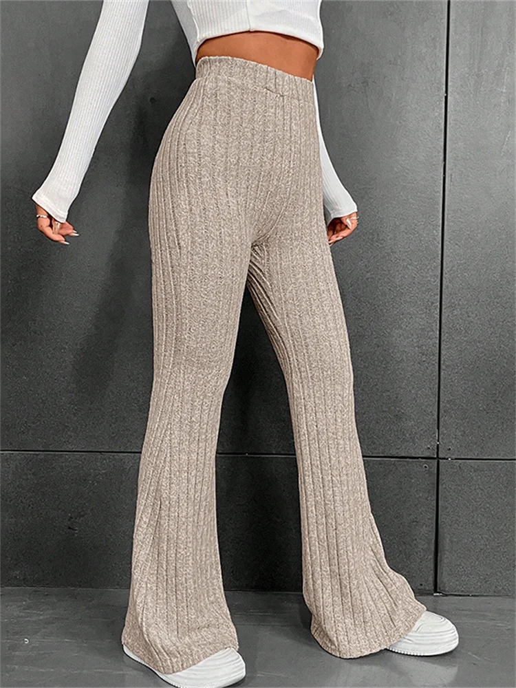 

CHRONSTYLE Women Knitted High Waist Flared Pants Casual Solid Color Ribbed Bell Bottoms Elastic Bootcut Trousers Streetwear 2023