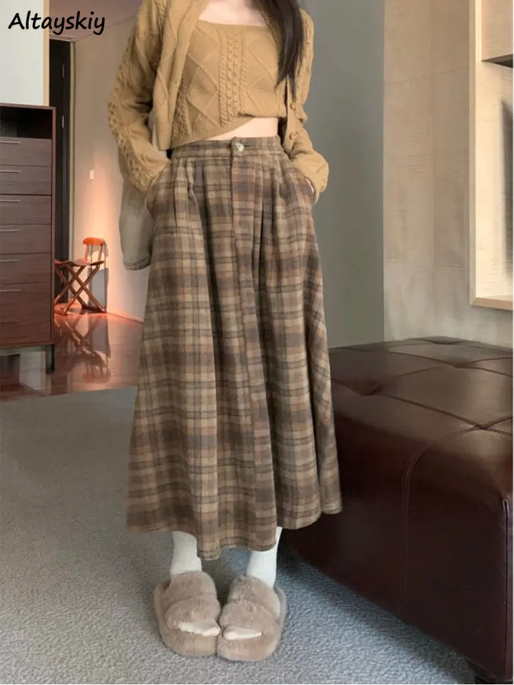 

Юбка женская свободного покроя, теплая универсальная уличная одежда в клетку до щиколотки, с завышенной талией, в Корейском стиле ретро, Ulzzang, зима