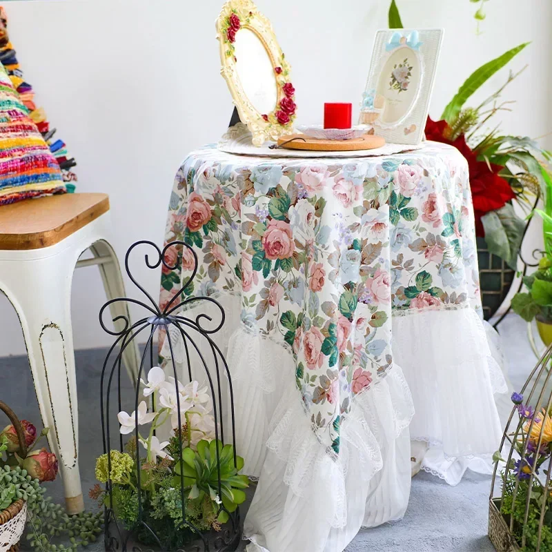 

Vintage lace, floral fragments, ruffled edge tablecloth, small round table, dining table, photo background cloth