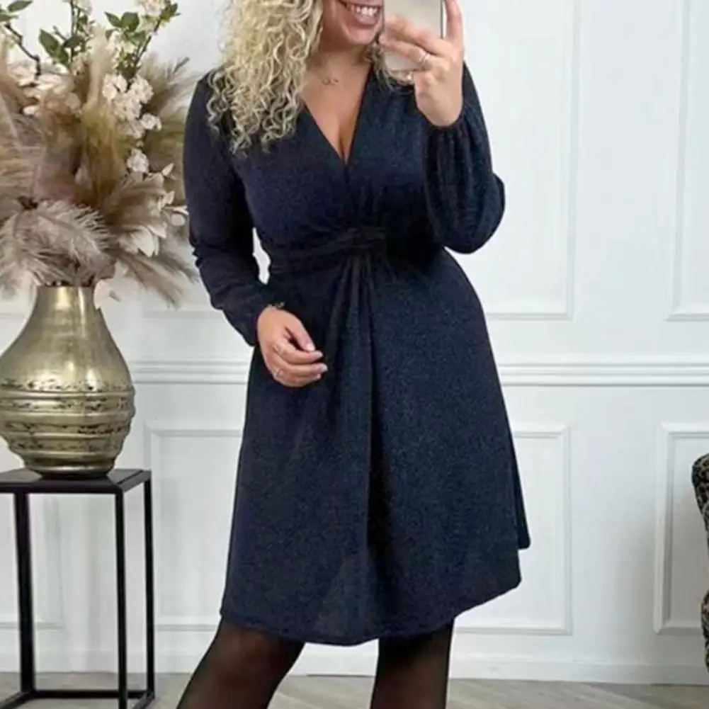 

Dress Dress Elegant V Neck Long Sleeves Midi Dress with Twist Knot Detail High Waist for Women Solid Color Soft Spring Commute