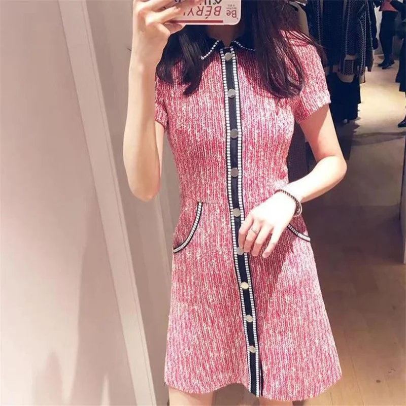 Женское твидовое платье с коротким рукавом, маленькое однобортное приталенное шерстяное платье, f108