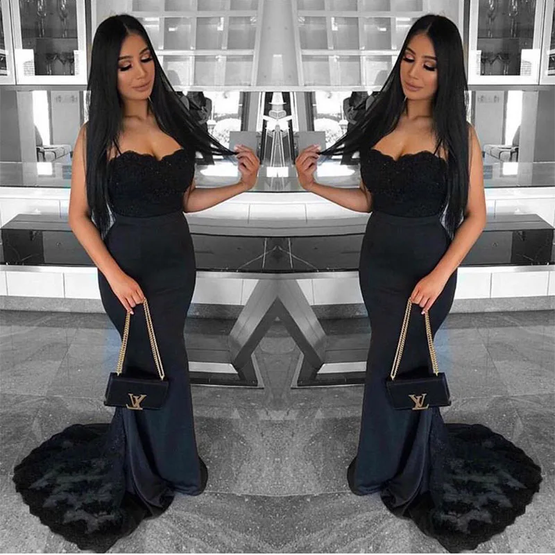 Robe De Soiree Sweetheart Mermaid Bridesmaid Dresses Black Satin Appliques Formal Wedding Party Dresses Sweep Train 
Robe De Soiree Sweetheart Mermaid Bridesmaid Dresses Black Satin Appliques Formal Wedding Party Dresses Sweep Train