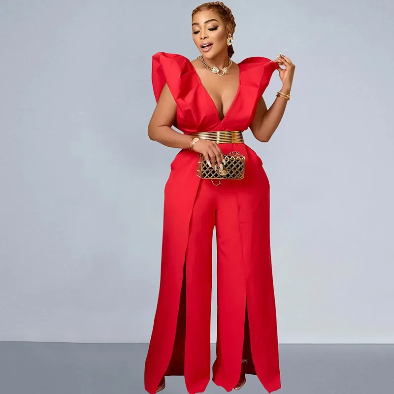 

Sexy Deep V-neck Wide Leg Jumpsuit Women Rompers Clubwear High Waist Fly Sleeve Backless Celebrity Party Night Overalls Female