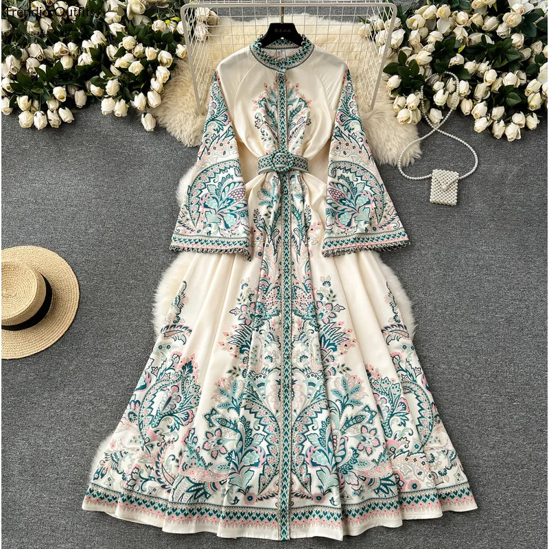 

Trendio 2024 New Spring Printed Round Neck Flare Sleeve Dress Women's Single Breasted Large Hem Pleated Long Temperament Skirt
