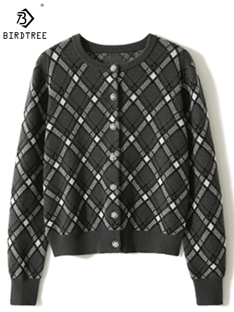 

Birdtree 90%Wool 10%Cashmere Cardigan Sweater Women Round Neck Lozenge Casual Comfortable Retro Soft Knitwear Autumn T3D509QD