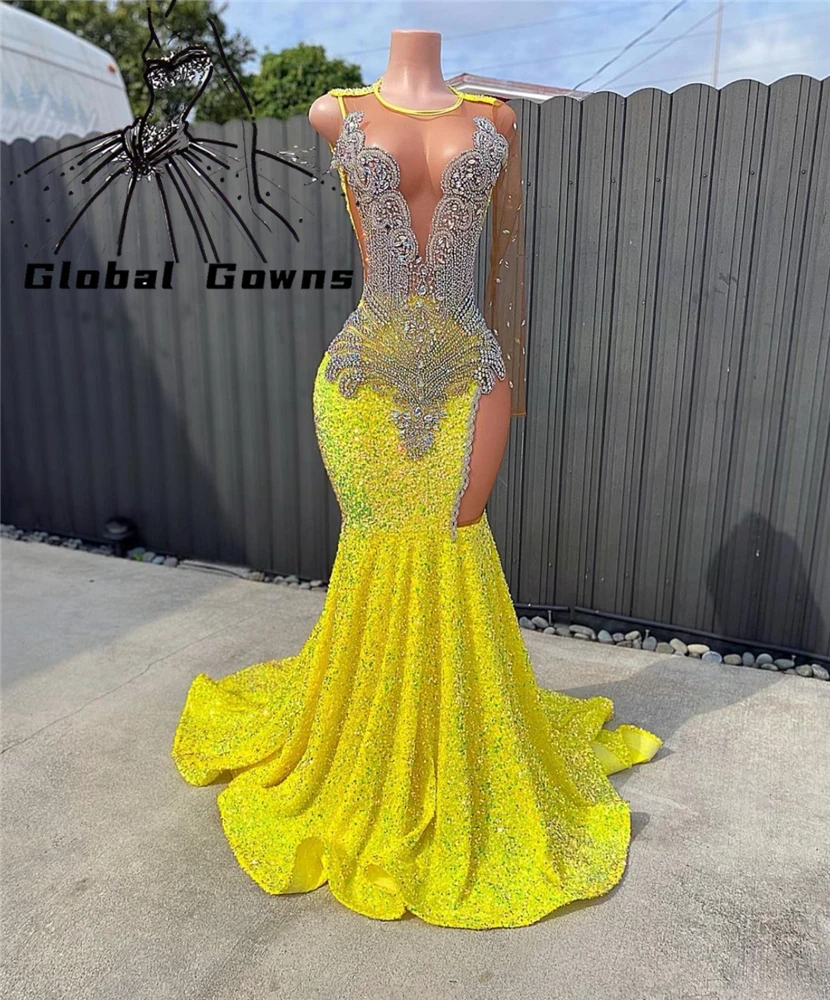 

Yellow O Neck Long Prom Gowns For Black Girls Beaded Crystal Birthday Party Dresses Sequined Evening Dress Robe De Bal
