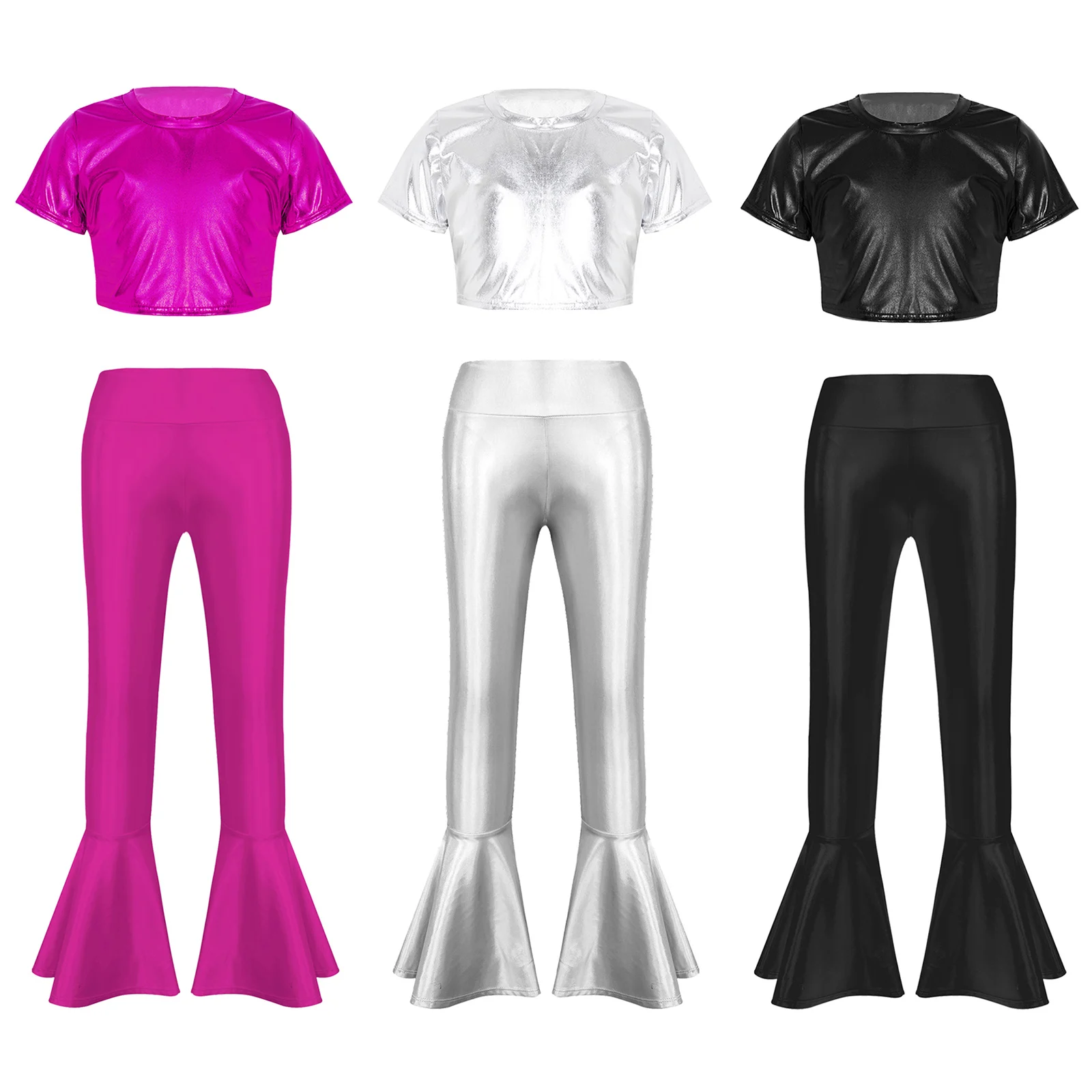 Kids Girls Hip Hop Jazz Dance Costume Metallic Short Sleeve Crop Top+High Waist Bell-bottoms Sets Stage Performance Streetwear
Kids Girls Hip Hop Jazz Dance Costume Metallic Short Sleeve Crop Top+High Waist Bell-bottoms Sets Stage Performance Streetwear