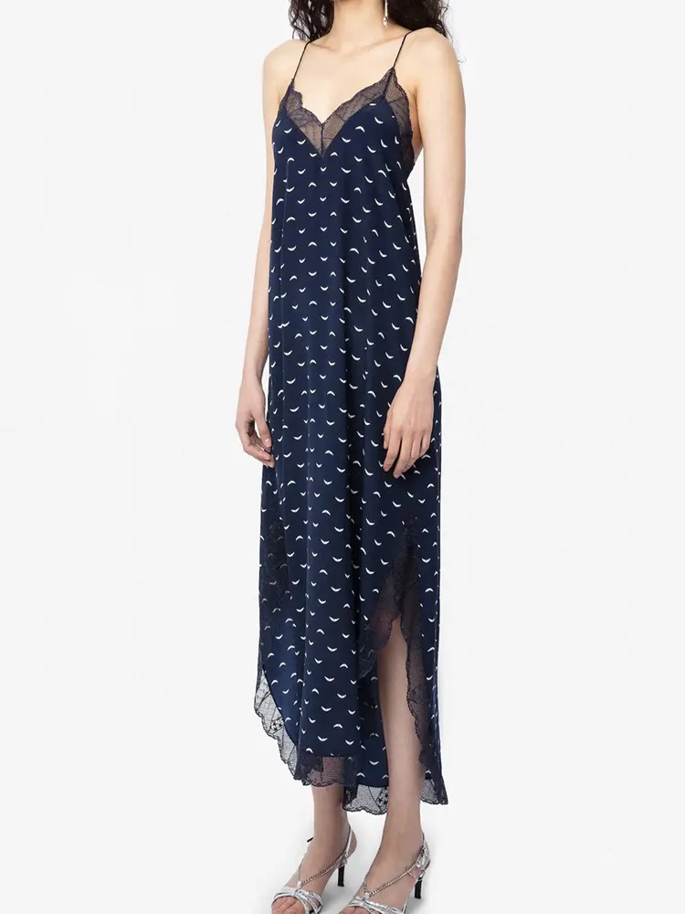 Women Print Lace Stitching Slit 100% Silk Sling Dress Summer 2023 V-Neck Sexy Sleeveless Female Irregular Midi Robes
Women Print Lace Stitching Slit 100% Silk Sling Dress Summer 2023 V-Neck Sexy Sleeveless Female Irregular Midi Robes