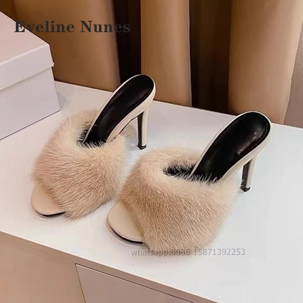 

Fur Solid Slip On Sandals Open Toe Stiletto Slingback Side Air Women Heels Slouchy Shallow Sexy Shoes Elegant Party Summer Nifty