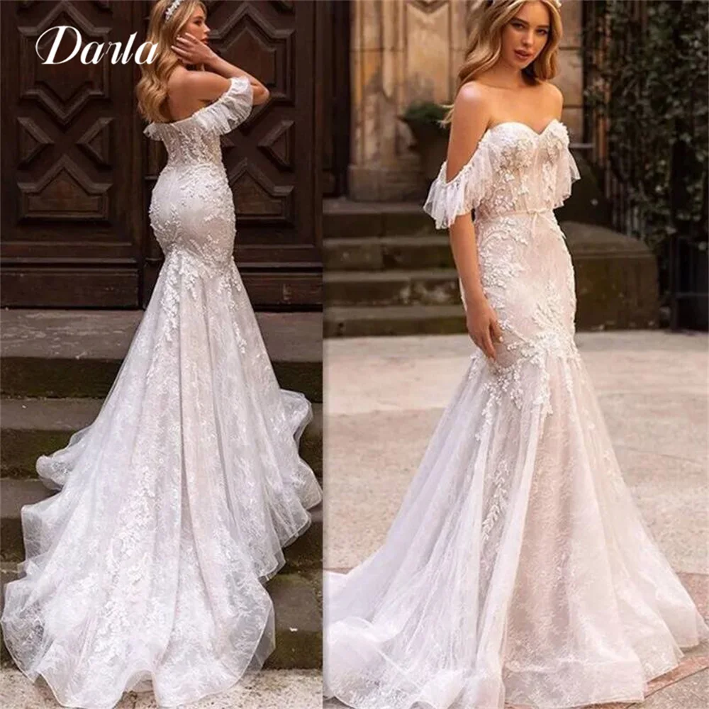 

Sexy Mermaid Off The Shoulder Tulle Wedding Dresses With Sweetheart Bride Dress Applique Boho Sweep Train Gowns Vestido De Noiva
