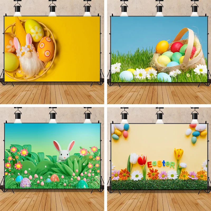 

SHUOZHIKE Colorful Easter Scene Background Spring Eggs And The Cute Rabbits On The Grass Photography Backdrops Props FE-01