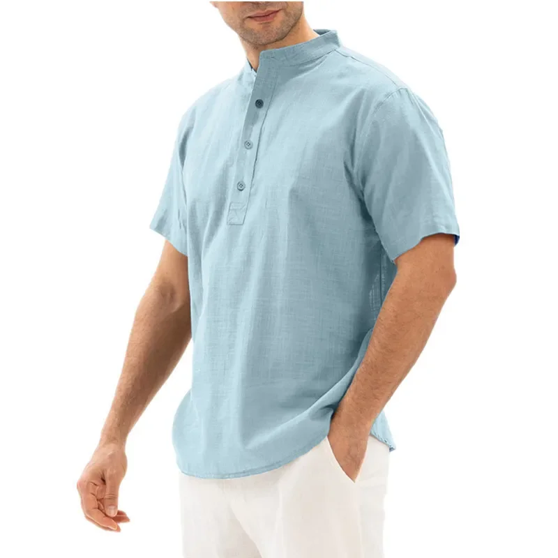 

Рубашка мужская с воротником-стойкой, Повседневная блуза с коротким рукавом, на пуговицах, однотонная модная одежда, лето