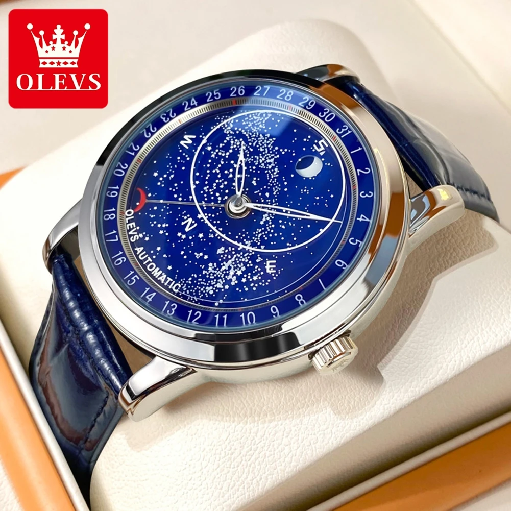

OLEVS 9923 Starry Sky Dial Mechanical Watch For Men Top Brand Waterproof Leather Man Wrist Watches Luxury Automatic Hand Clock
